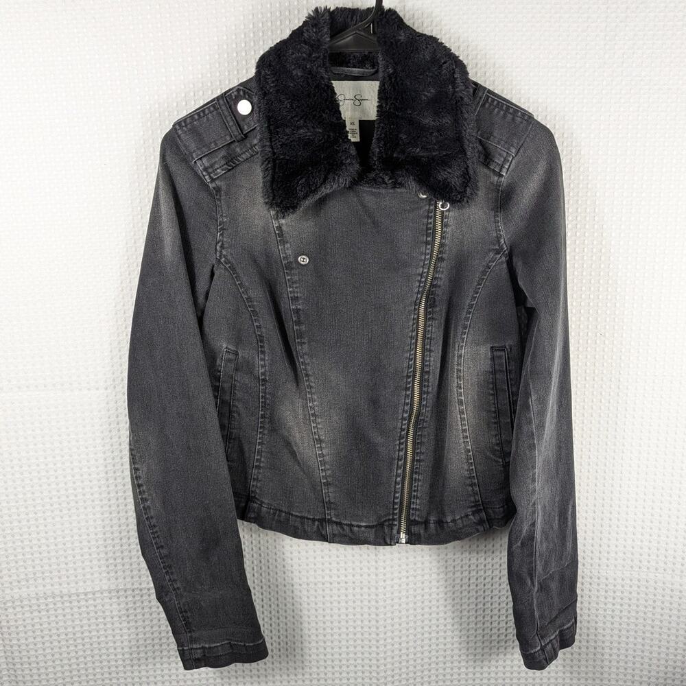 Jessica Simpson XS Black Faux Fur Collar Denim Moto Jacket Women’s Y2K Style